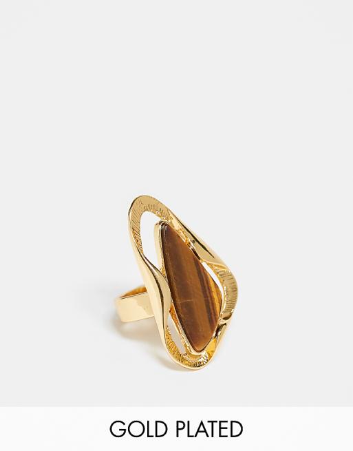 DESIGN Limited Edition 14k gold plated ring with molten design and tigers eye real semi precious stone