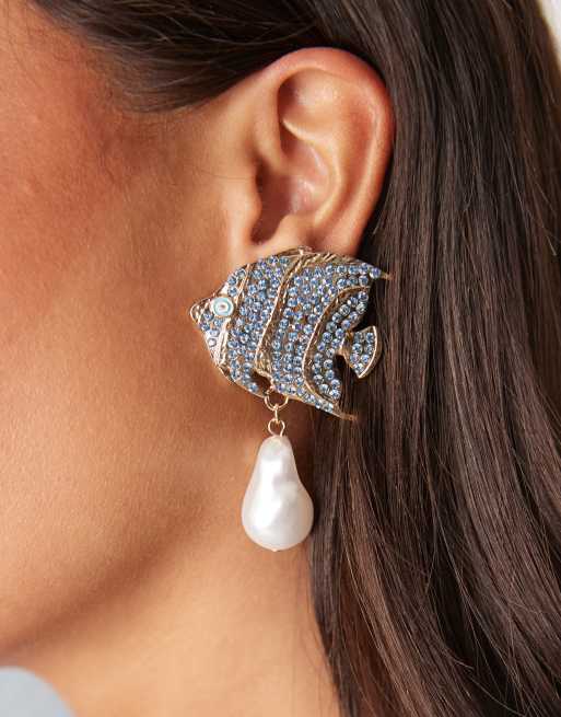 DESIGN Limited Edition Crystal Fish Stud Earrings With Faux Pearl Drop In Gold Tone