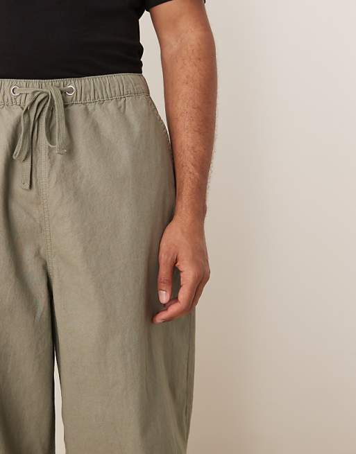 DESIGN Linen Blend Parachute Trousers In Khaki