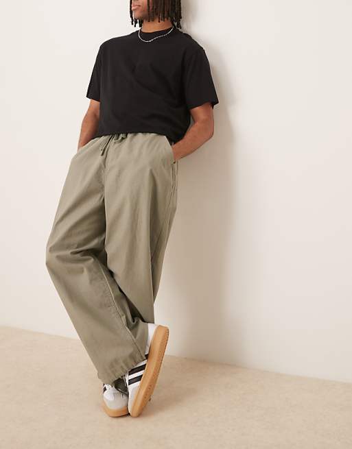 DESIGN Linen Blend Parachute Trousers In Khaki