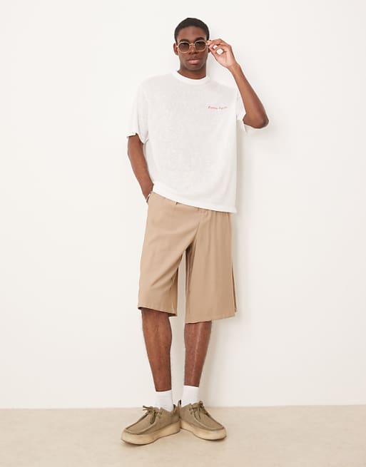 DESIGN Linen Look Relaxed T-shirt With Riviera Graphic In Off White