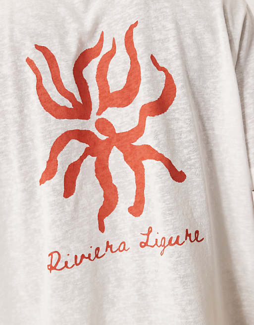 DESIGN Linen Look Relaxed T-shirt With Riviera Graphic In Off White