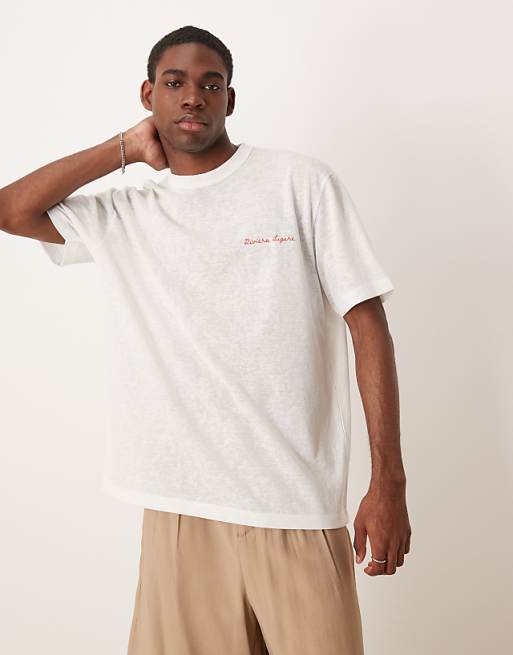 DESIGN Linen Look Relaxed T-shirt With Riviera Graphic In Off White