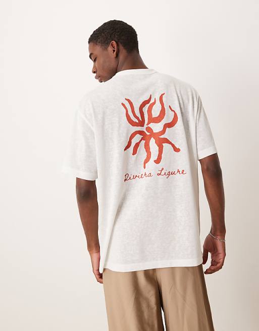 DESIGN linen look relaxed t-shirt with riviera graphic in off white