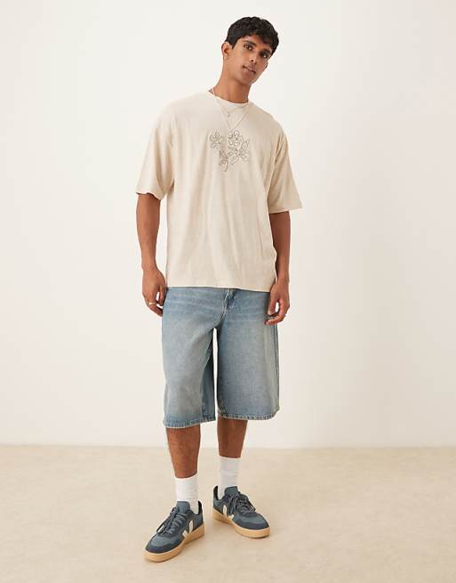 DESIGN Linen Mix Oversized T-shirt With Floral Embroidery In Natural