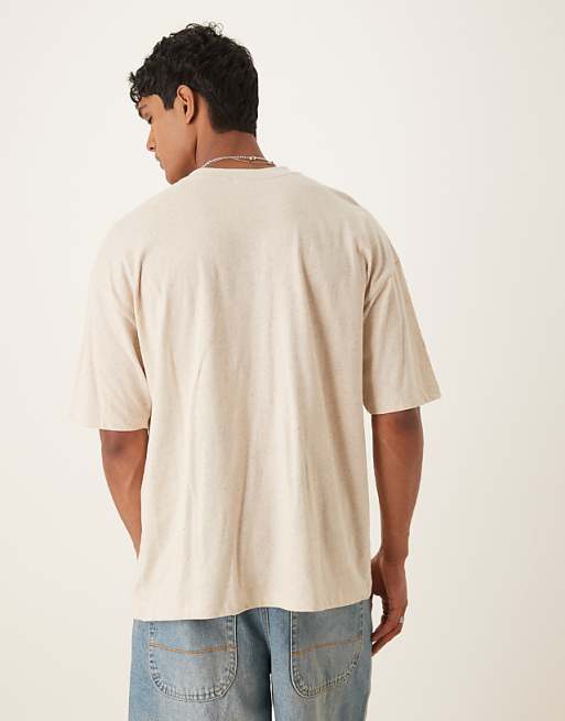 DESIGN Linen Mix Oversized T-shirt With Floral Embroidery In Natural