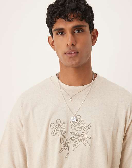 DESIGN Linen Mix Oversized T-shirt With Floral Embroidery In Natural