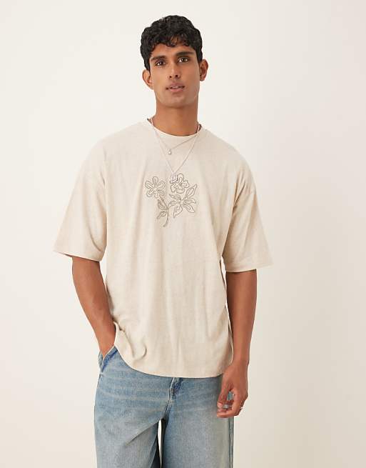 DESIGN linen mix oversized t-shirt with floral embroidery in natural