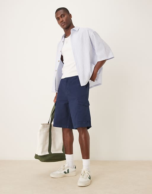 DESIGN Long Length Cargo Shorts In Navy