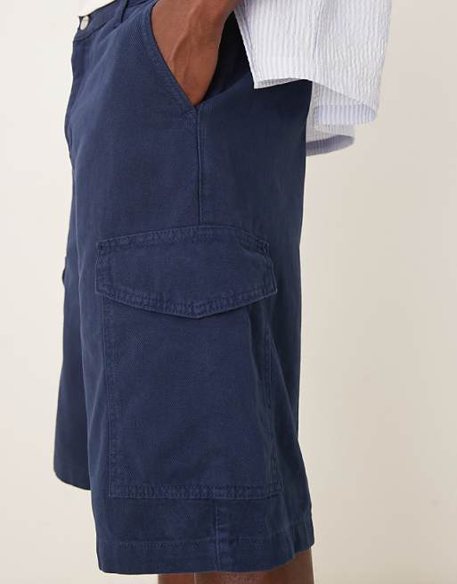 DESIGN Long Length Cargo Shorts In Navy