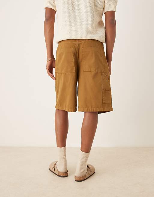 DESIGN Long Length Carpenter Shorts In Tan