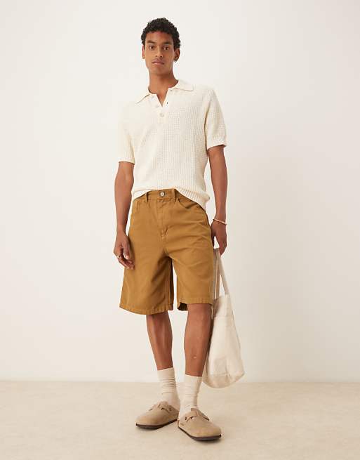 DESIGN long length carpenter shorts in tan