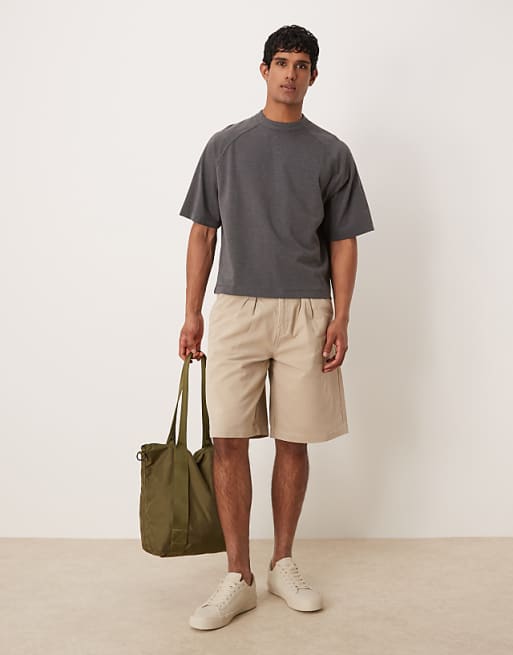 DESIGN Long Length Denim Cargo Jorts With Double Pleats In Khaki