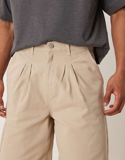 DESIGN Long Length Denim Cargo Jorts With Double Pleats In Khaki