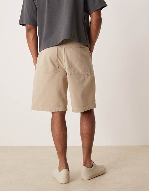 DESIGN Long Length Denim Cargo Jorts With Double Pleats In Khaki