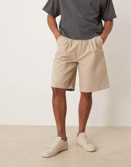 DESIGN long length denim cargo jorts with double pleats in khaki