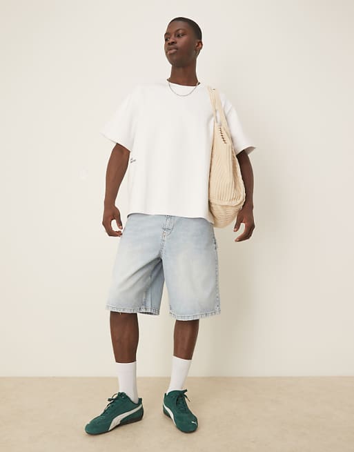 DESIGN long length denim carpenter style jort in light wash blue