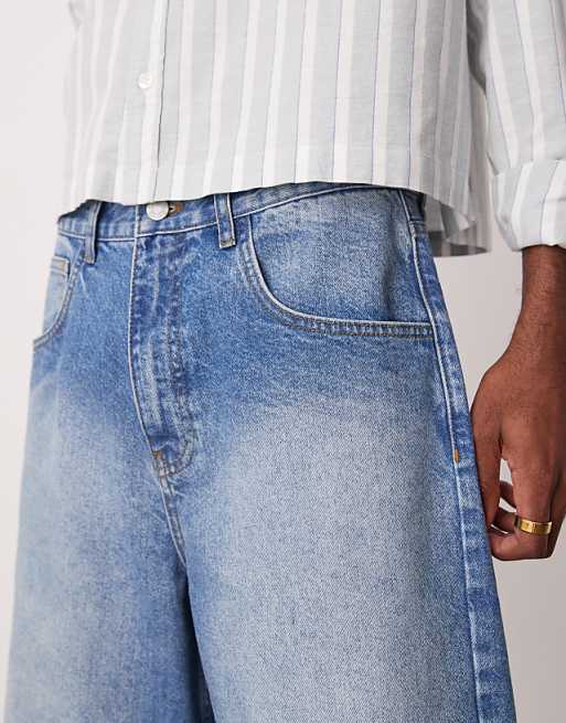 DESIGN Long Length Denim Fatigue Jorts In Mid Wash Blue