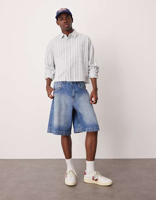 DESIGN Long Length Denim Fatigue Jorts In Mid Wash Blue