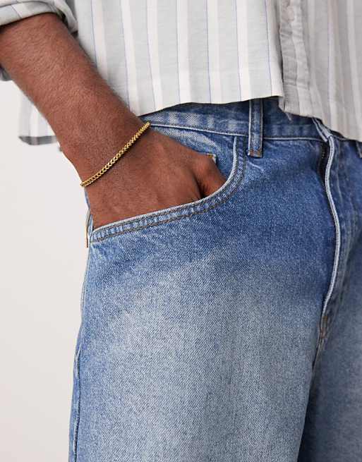 DESIGN Long Length Denim Fatigue Jorts In Mid Wash Blue