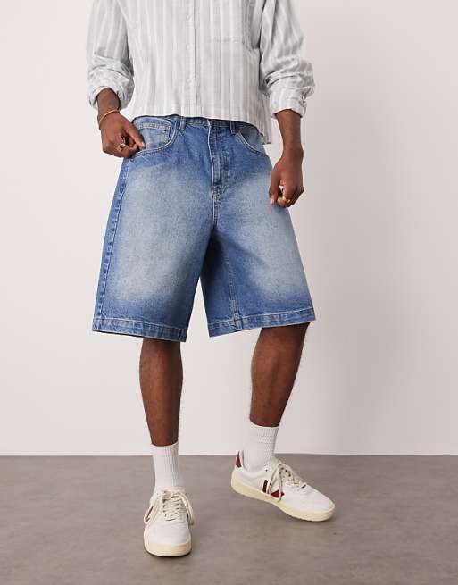 DESIGN long length denim fatigue jorts in mid wash blue