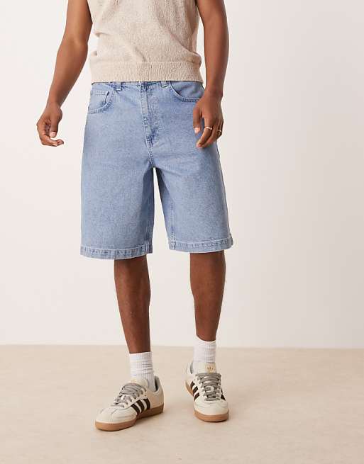 DESIGN Long Length Denim Jort In Mid Wash Blue