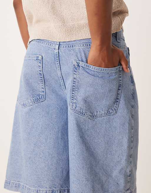 DESIGN Long Length Denim Jort In Mid Wash Blue