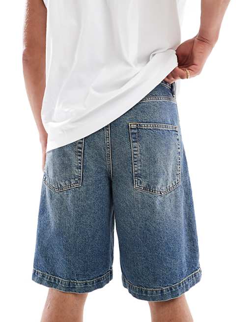 DESIGN Long Length Denim Jort In Mid Wash Blue