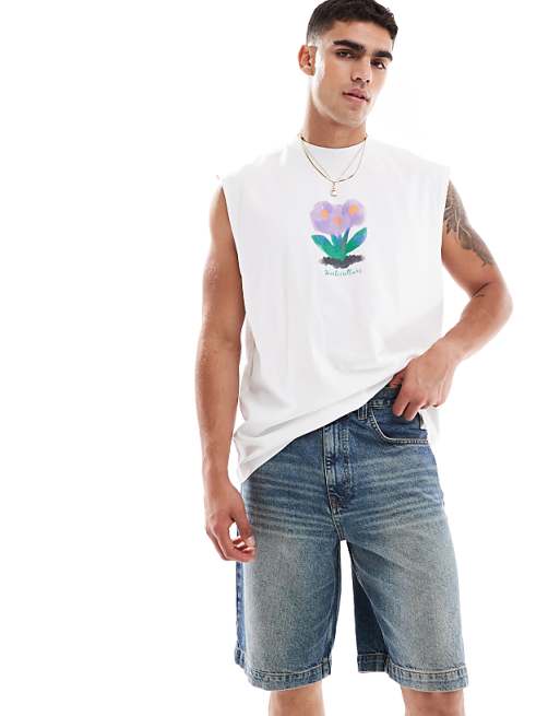 DESIGN long length denim jort in mid wash blue
