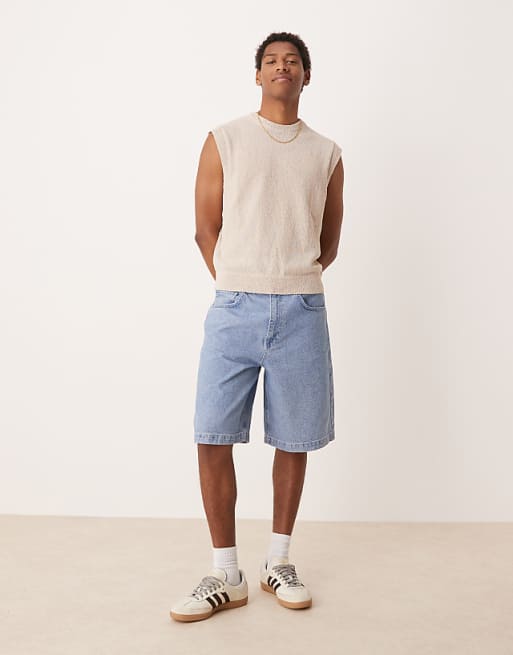 DESIGN long length denim jort in mid wash blue