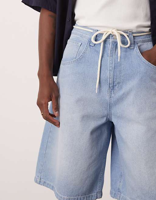 DESIGN Long Length Denim Jort With Drawcord In Light Wash Blue