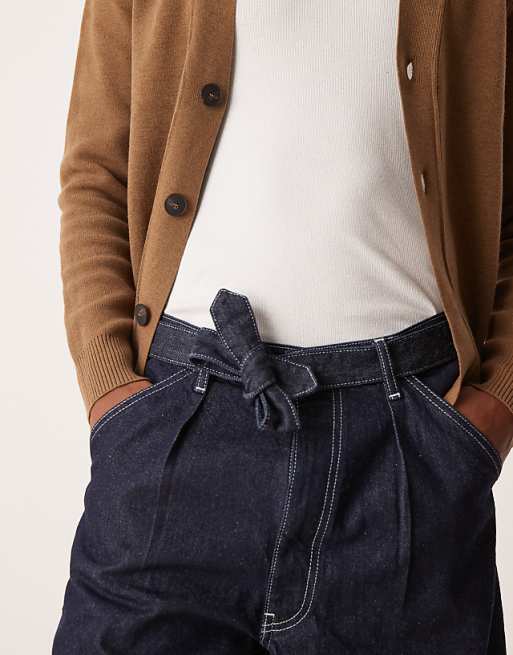 DESIGN Long Length Denim Jort With Pleats And Self Tie In Raw Wash