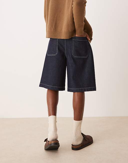 DESIGN Long Length Denim Jort With Pleats And Self Tie In Raw Wash