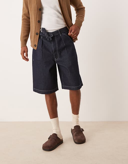 DESIGN Long Length Denim Jort With Pleats And Self Tie In Raw Wash