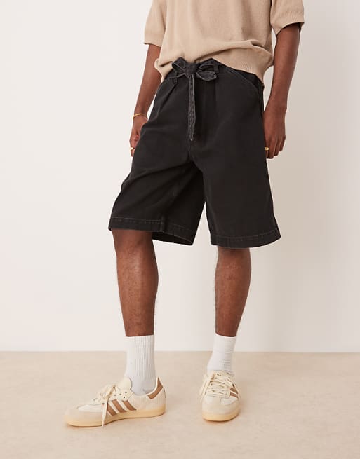 DESIGN Long Length Denim Jort With Pleats And Self Tie In Washed Black