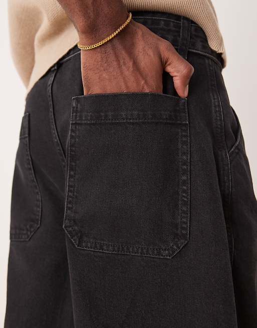 DESIGN Long Length Denim Jort With Pleats And Self Tie In Washed Black