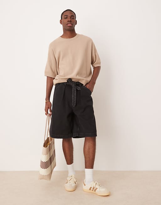 DESIGN long length denim jort with pleats and self tie in washed black