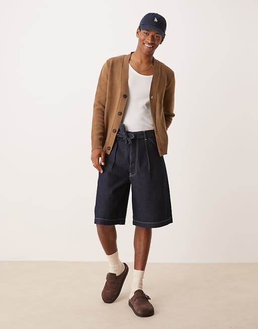 DESIGN long length denim jort with pleats and self tie in raw wash