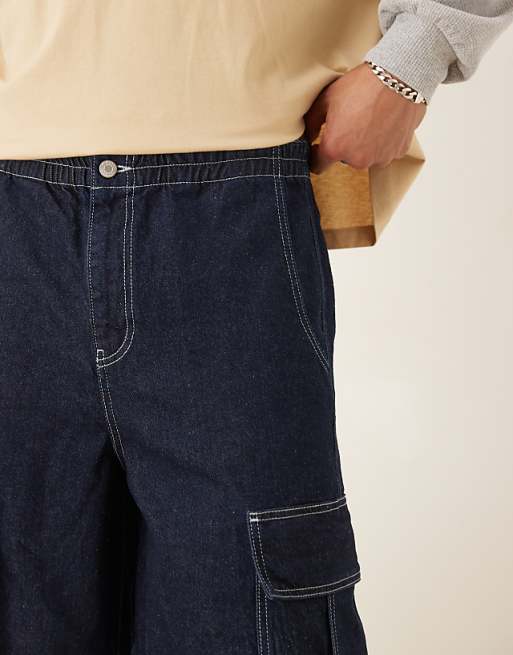DESIGN Long Length Denim Jorts With Double Pleats In Raw Wash