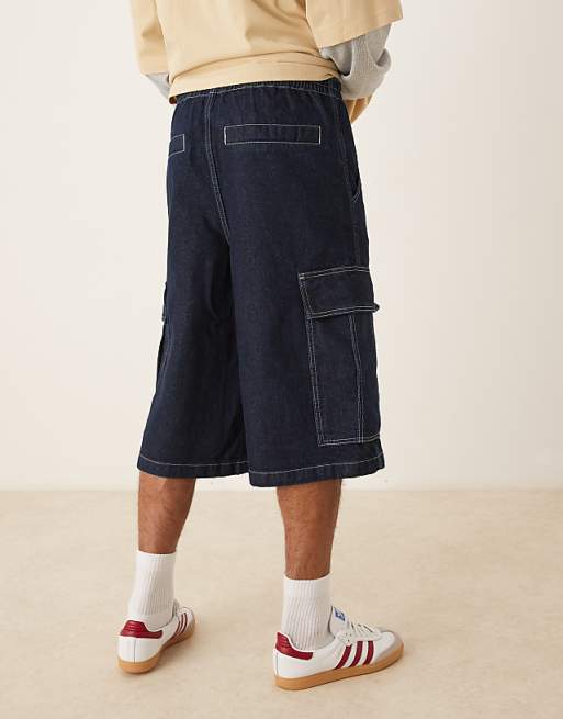 DESIGN Long Length Denim Jorts With Double Pleats In Raw Wash
