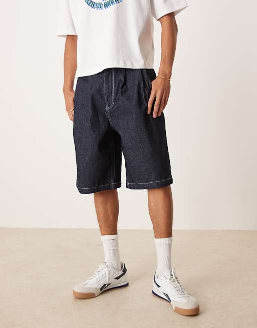 DESIGN Long Length Denim Jorts With Double Pleat In Raw Wash