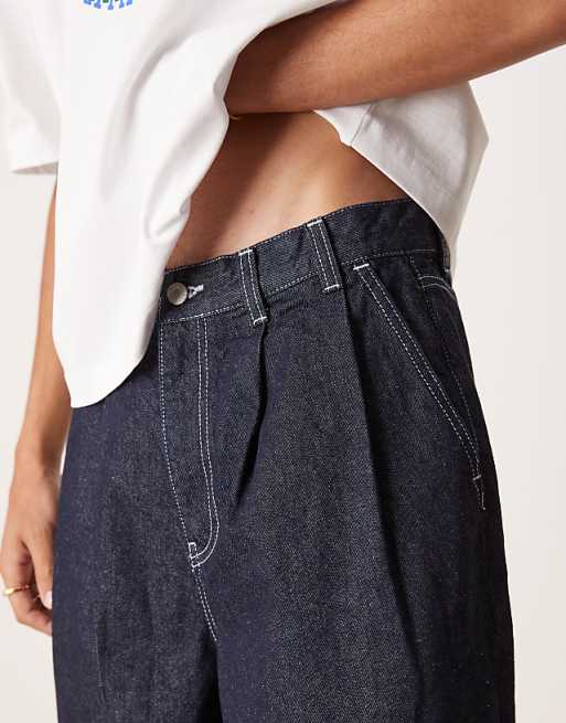 DESIGN Long Length Denim Jorts With Double Pleat In Raw Wash