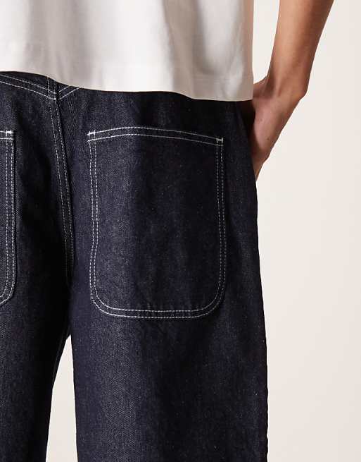 DESIGN Long Length Denim Jorts With Double Pleat In Raw Wash