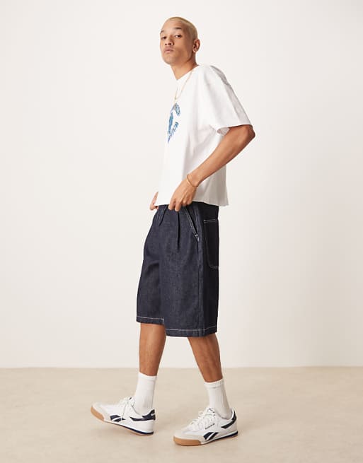 DESIGN long length denim jorts with double pleat in raw wash