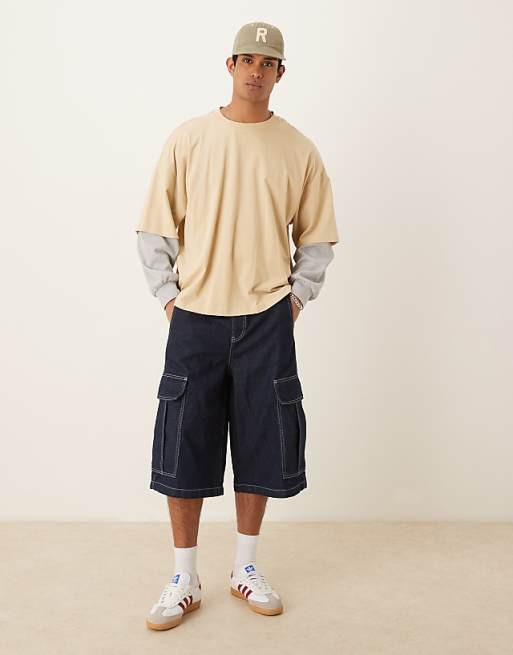 DESIGN long length denim jorts with double pleats in raw wash