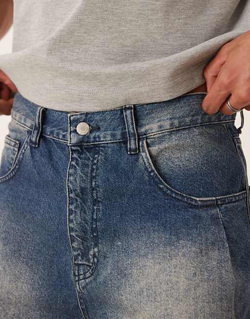 DESIGN Long Length Denim Jorts With Pleat Pocket In Mid Wash Blue