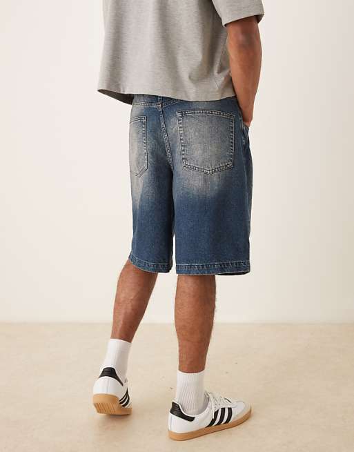 DESIGN Long Length Denim Jorts With Pleat Pocket In Mid Wash Blue