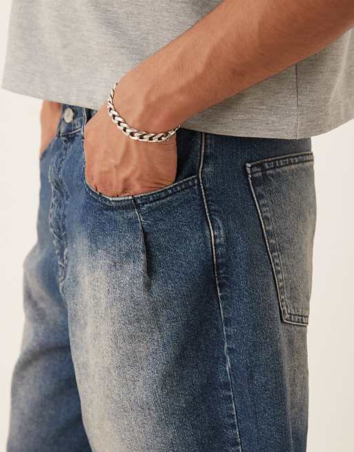 DESIGN Long Length Denim Jorts With Pleat Pocket In Mid Wash Blue