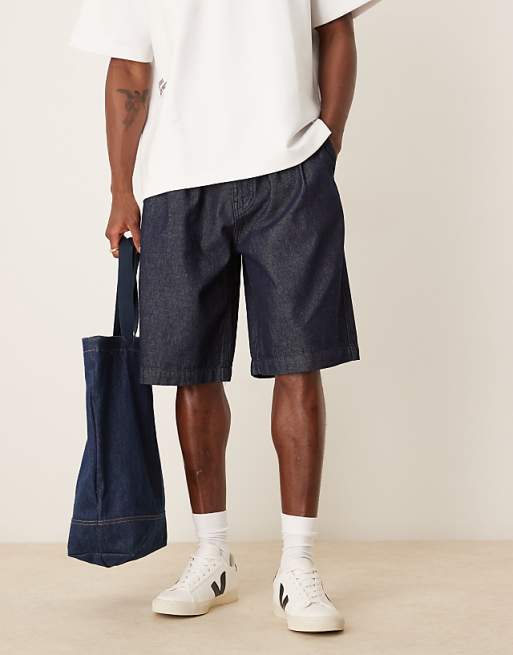 DESIGN Long Length Denim Jorts With Pleats In Dark Wash Blue