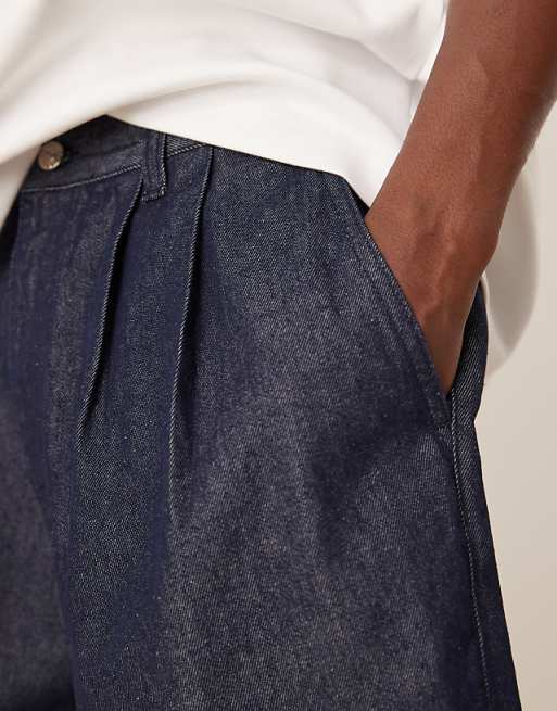 DESIGN Long Length Denim Jorts With Pleats In Dark Wash Blue